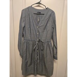Gap Women Blue Chambray Button Front Drawstring Waist Long Sleeve Dress